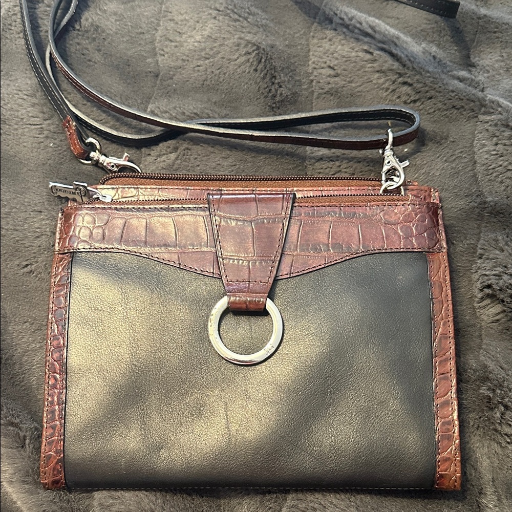 Chic Black and Brown Clutch with Silver Ring Accent